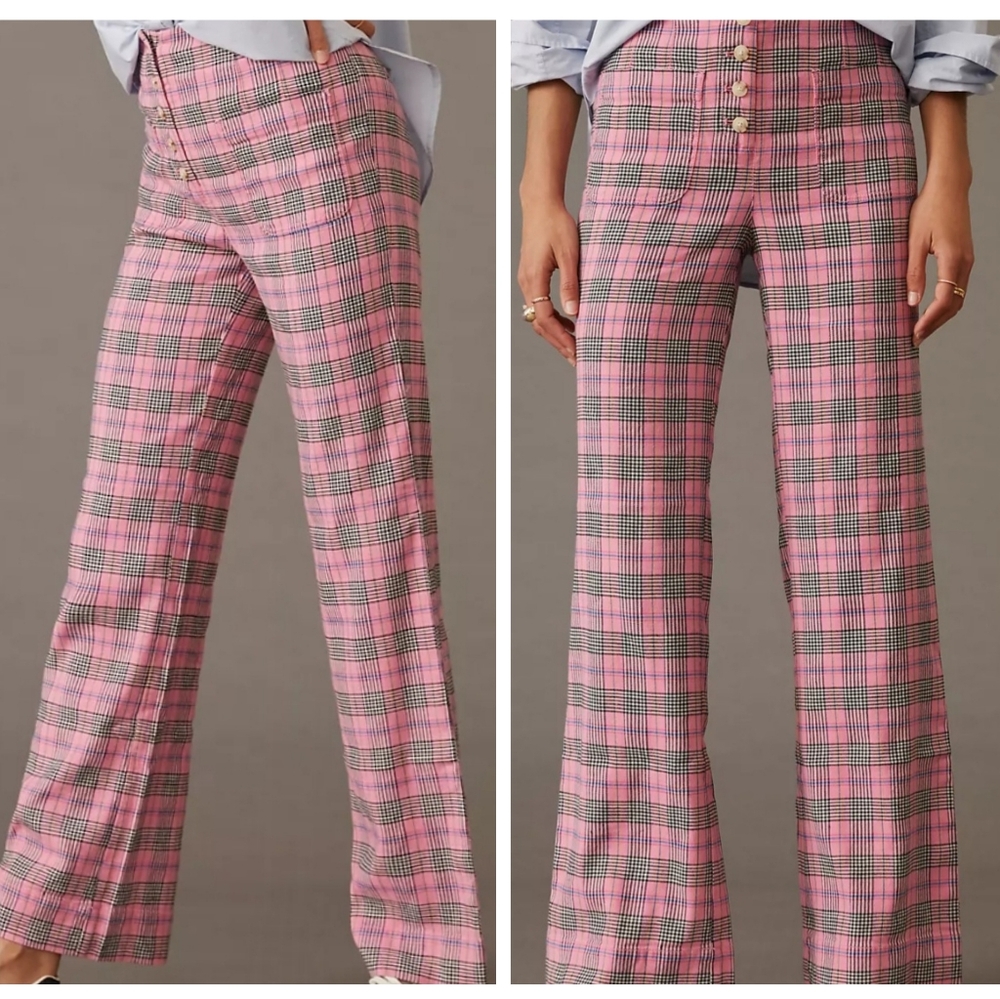 Anthropologie Pink Plaid Wide Leg Pants